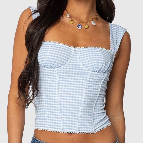 Edikted Tops - Edikted Light Blue Gingham Crop Top